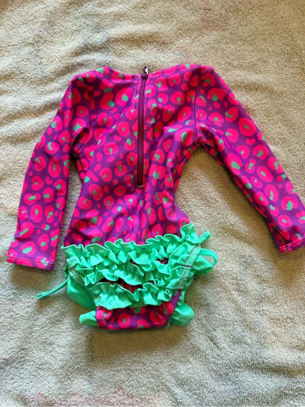 Girls Long-Sleeve Pink & Green Ruffle One-Piece Swimsuit